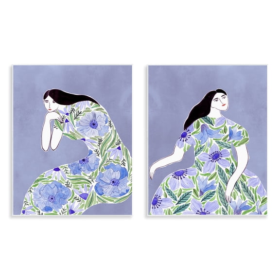 Stupell Industries Floral Women on Purple People Painting Unframed Art Print Wall Art, 11 x 14, Set of 2