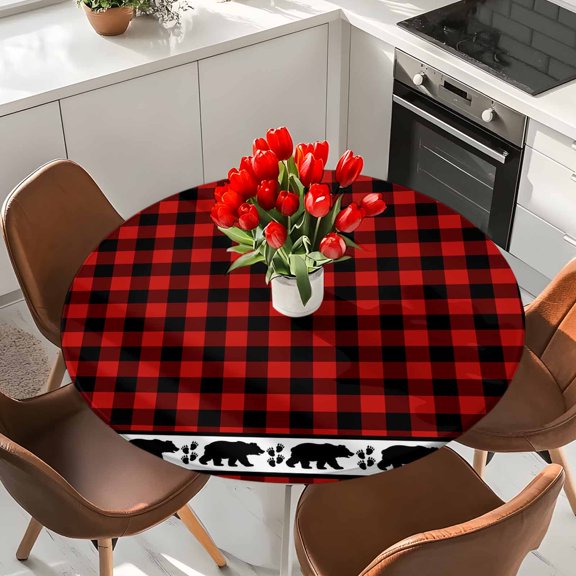 Bear Footprints Red Buffalo Plaid Elastic Fitted Round Tablecloth Forest Waterproof Outdoor Table Cover for Holiday Party, Picnic, Patio & Dining Fits Tables Up to 36"-44"