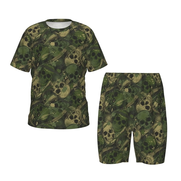 Balery Green Camouflage Skull Conjunto de Pijama Infantil de Manga Corta con Estampado – Ropa de Dormir de Algodón Suave-Small