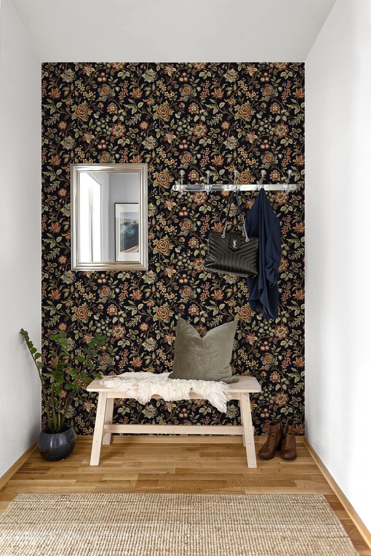 Stacy Garcia Home Ebony Jacobean Floral Trail Peel and Stick Wallpaper - 20.5 in. W x 10 ft. L Roll