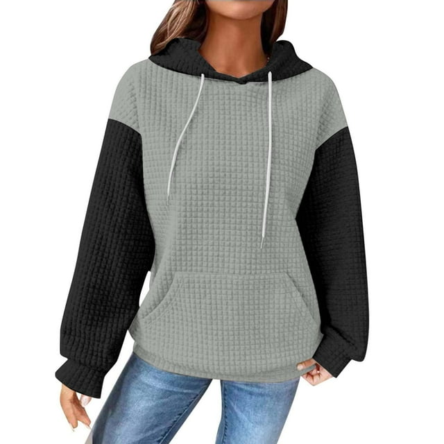 Yuyuzo Womens Fall Hoodie Long Sleeve Color Block Sweatshirts Drawstring Textured Pullover Tops