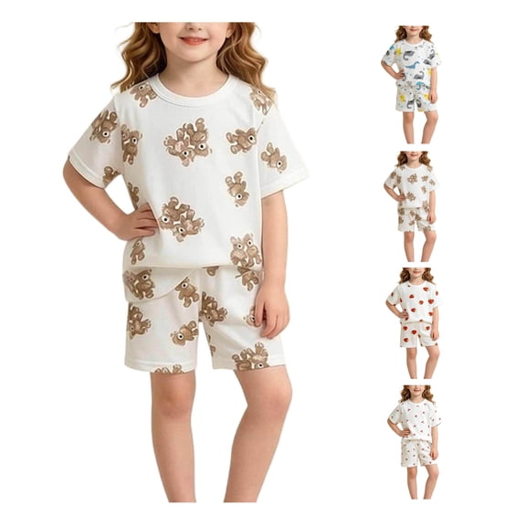 Lumosvexa Girls Sleepwear Outfit Sets Crew Neck T-Shirt and Baggy Shorts Summer Soft Cute Cotton Clothes 2 Piece White Size 7-8