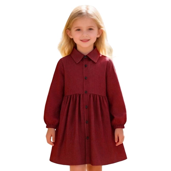 VNKIDY Girls Kids Collared Gingham Shirt Dress Long Puff Sleeve Button Front Flowy A Line Casual Dress For Daily School Wear Trendy Dress