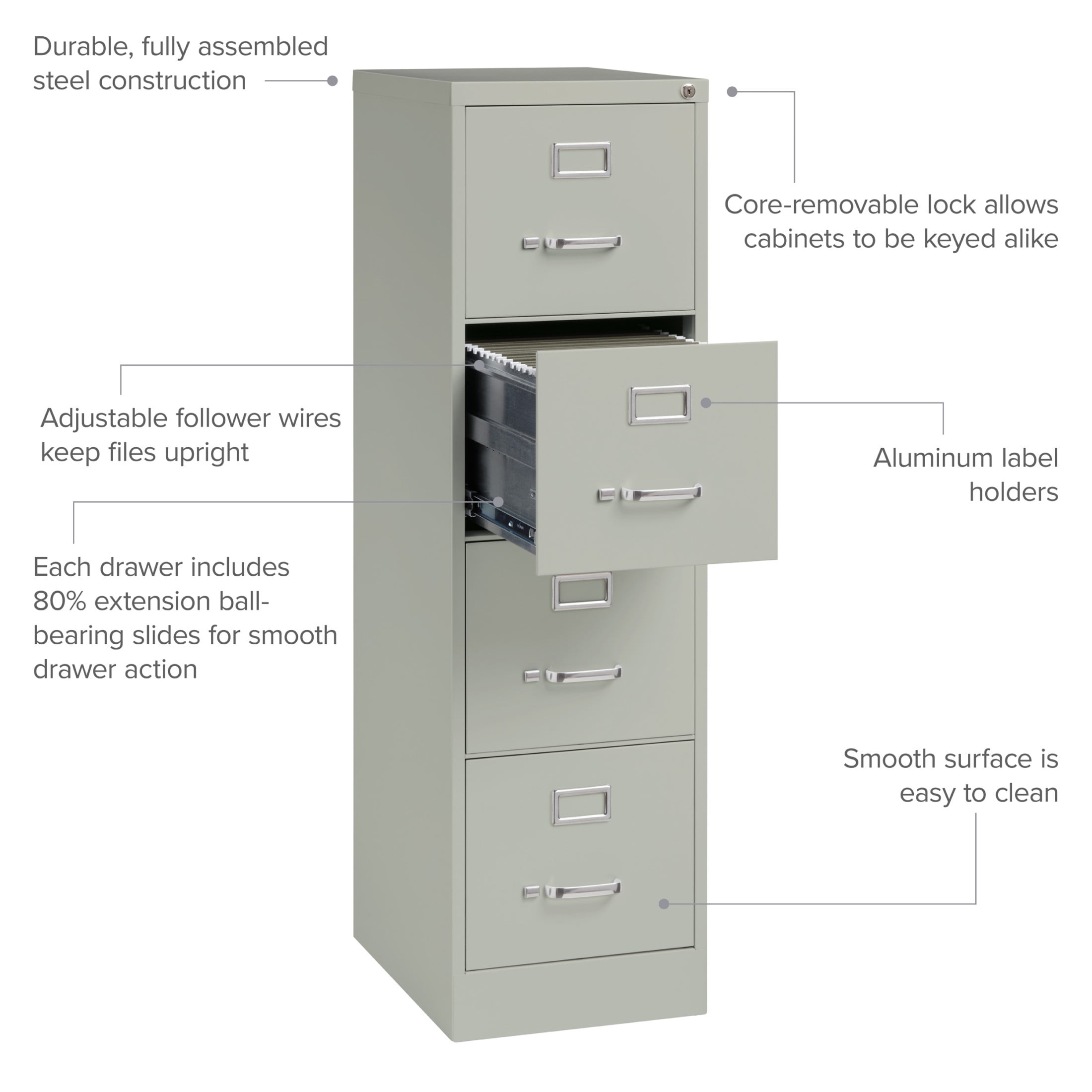 Hirsh 4 Drawer Letter Locking Metal Vertical File Cabinet, 22" Deep, Gray