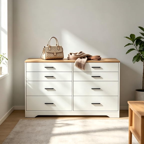 Double-Row 8-Drawer Storage Cabinet, Particleboard with Melamine-Coated Drawers, 55.91 x 17.72 x 32.28 in, Brown & White