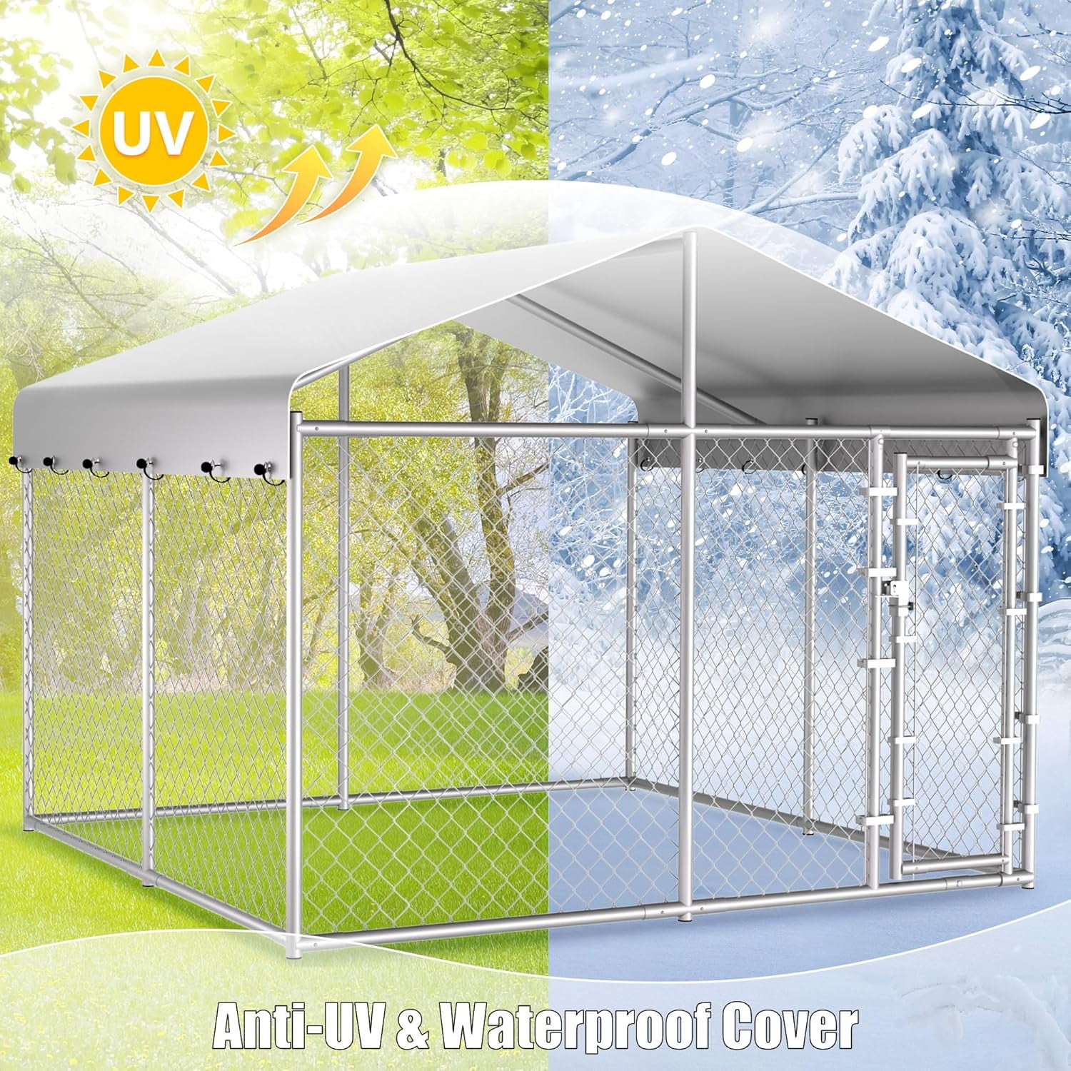 HITTITE Extra Large Outdoor Dog Kennel, 10x10x6.56ft Anti-Rust Dog Kennel Outside with Roof, Galvanized Chain Link Dog Runs for Outside with Secure Lock
