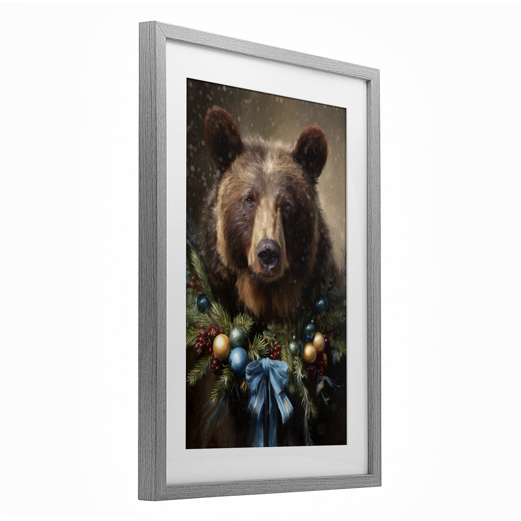 Stupell Industries Christmas Grizzly with Wreath Gray Framed Print Under Glass, design by Tina LeCour