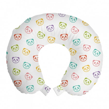 Baby Travel Pillow Neck Rest, Funny Panda Bears Colorful Animals Cheerful Smile Wild Kids Nursery Baby Concept, Memory Foam Traveling Accessory Airplane and Car, 12", Multicolor, by Ambesonne