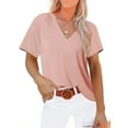 thumbnail image 2 of ZQGJB Summer Tops for Women Short Sleeve Casual V Neck Solid Color Plain Tee Tshirts Top Loose Fit Trendy Comfy Pullover Blouse Pink S, 2 of 5