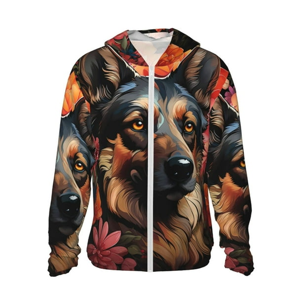 Fotbe Colorful Flower German Shepherd Chaqueta con Protección Solar UPF 50+ para Hombre y Mujer, Camisa con Capucha y Bolsillos-XX-Large