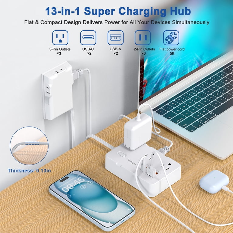 10-in-1 Power Strip with USB Ports and 5ft Extension Cord, White photo 4
