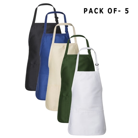 Q-Tees Full-Length Apron with Pouch Pocket - Versatile Aprons with Pockets, Bib Aprons, Cooking Aprons, Chef Aprons | 55/45 Cotton/polyester | Bulk Mix Color | Pack of 5