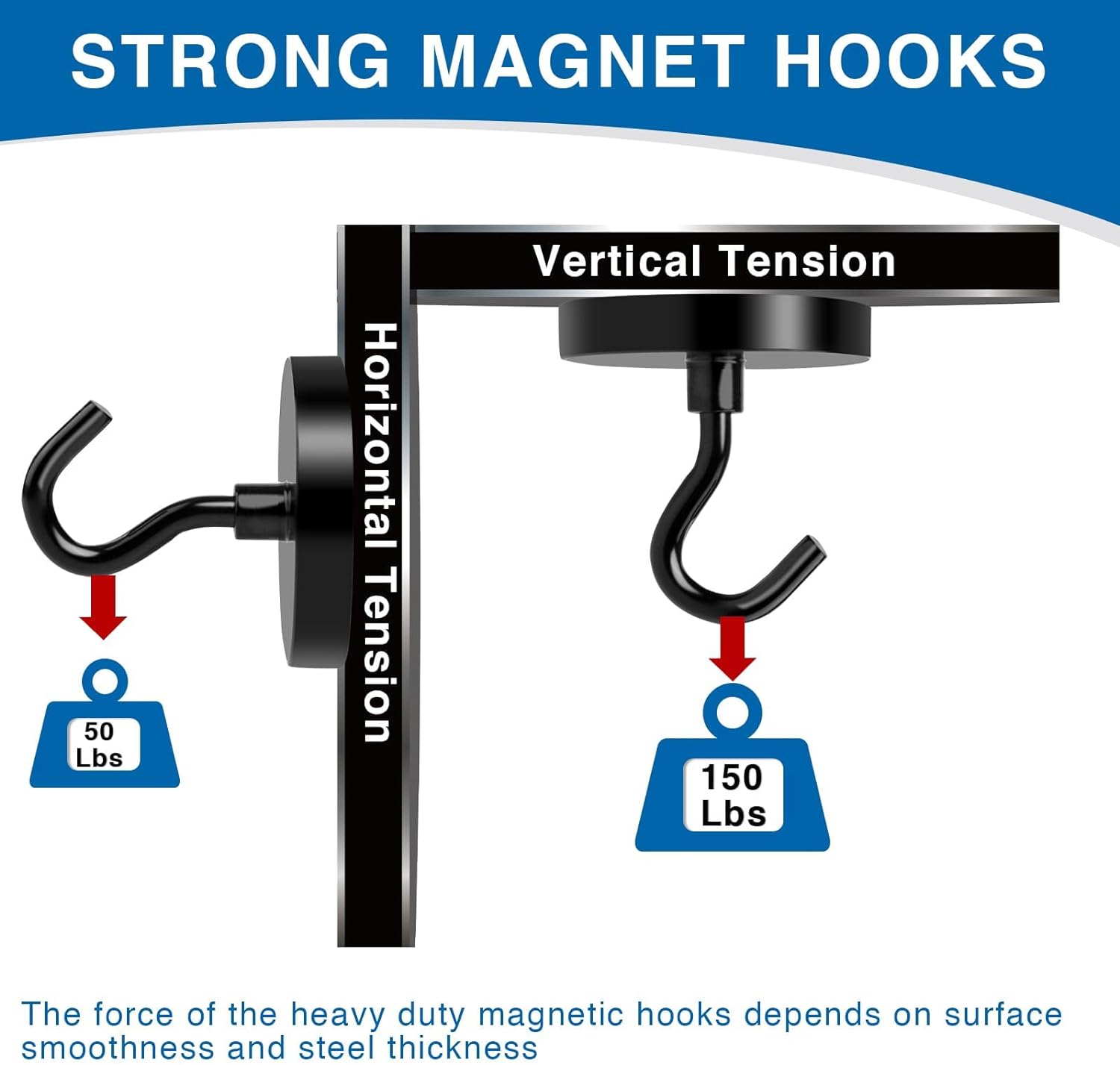 Rust Resistant Magnetic Hooks, Metal Black, (12 Pack)