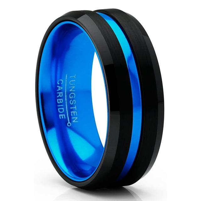 Men's Tungsten Carbide Ring Grooved Wedding Band Color Interior 8MM Blue Red Green Red