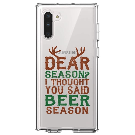 DistinctInk Clear Shockproof Hybrid Case for Samsung Galaxy Note 10 (6.3" Screen) - TPU Bumper Acrylic Back Tempered Glass Screen Protector - Dear Season? I Thought Beer Season