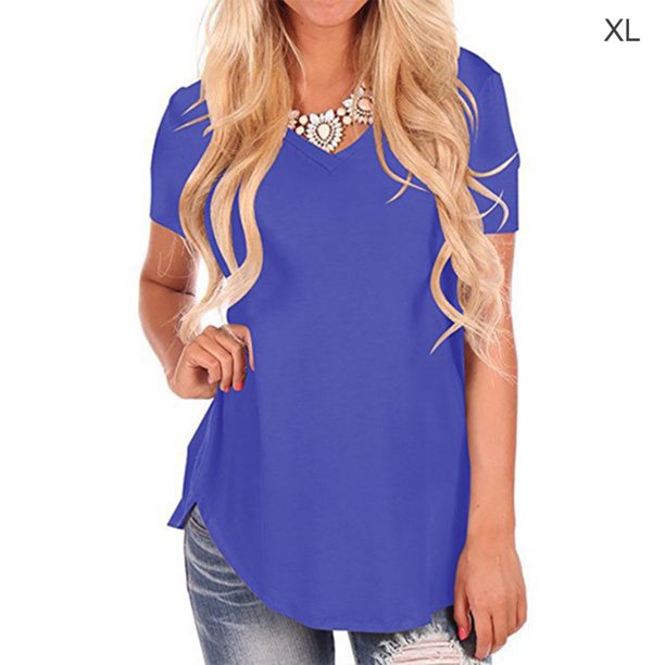 Camiseta Cuello en V Verano Top suelto Color sólido Manga corta Mujer Top, Azul, XL Monstrate AP002007-22