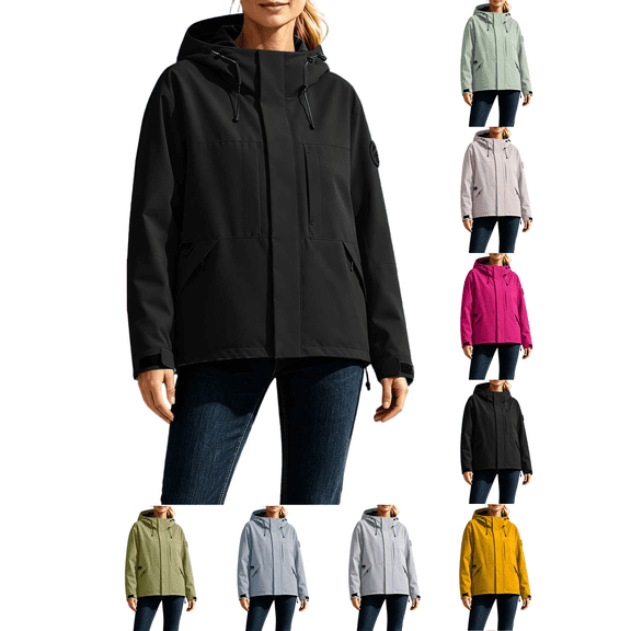 Liuinsasek Womens Windbreaker Waterproof Raincoat Long-Sleeve Solid Color Zipper Hooded Large Pocket Jacket for Outdoor Mountain Climbing Hiking Skiing Jacket