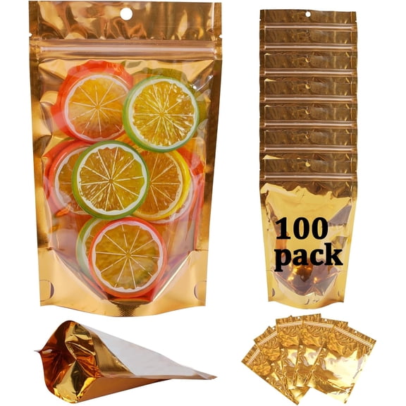 100 Pack Mylar Bags for Food Storage Resealable Aluminum Foil Stand Up Pouch with Window & Hang Hole 3.94×7.08 Inch Reusable Zipper Lock Food Packaging Heat Seal Bags for Small Business & Home - Gold