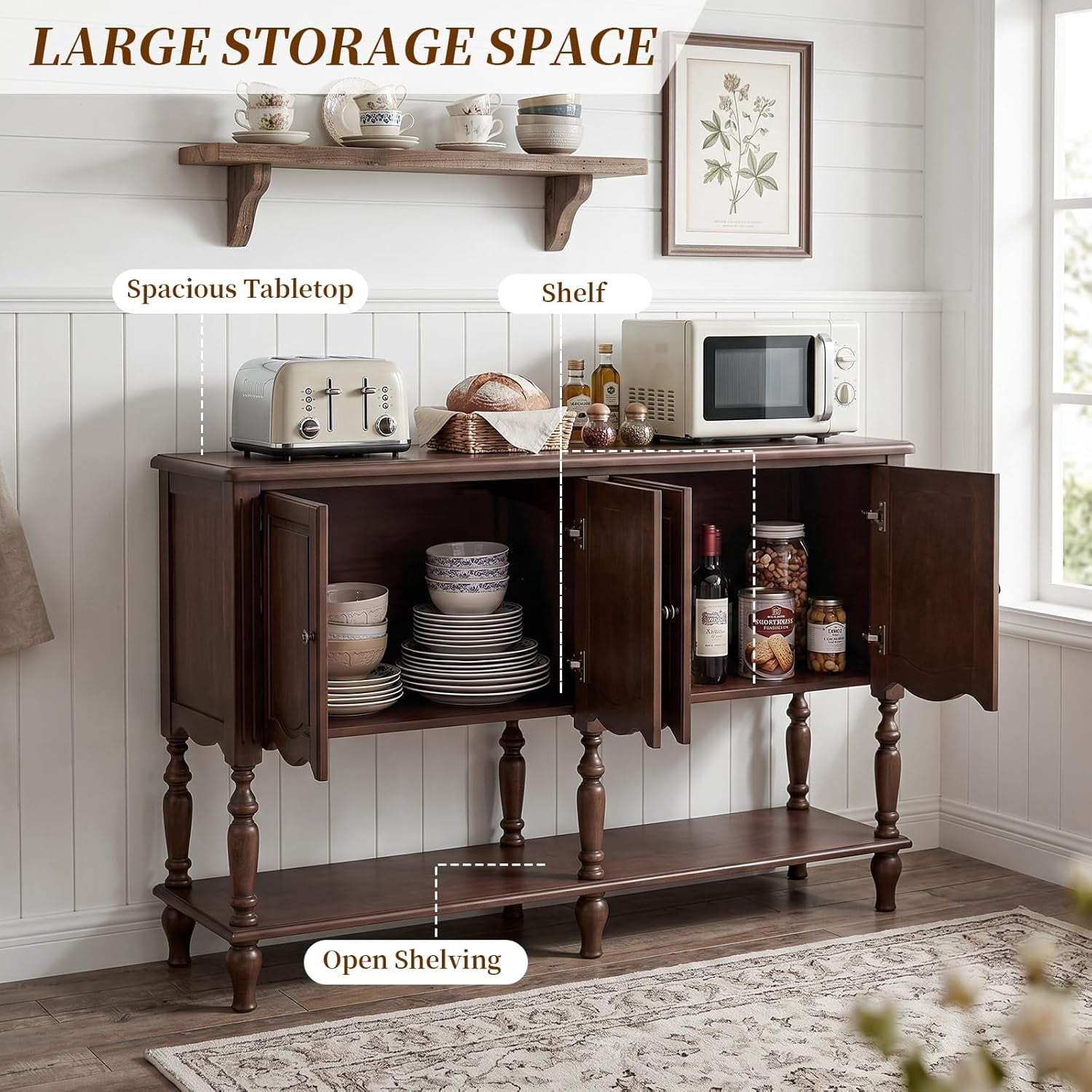 LKTART 51.2" Console Table with 4-Door Cabinet and Open Storage Shelf, Farmhouse Entryway Table with Solid Wood Veneer & Rubber Wood Leg, Sofa Table Sideboard for Hallway,Living Room,Foyer,Dark Brown