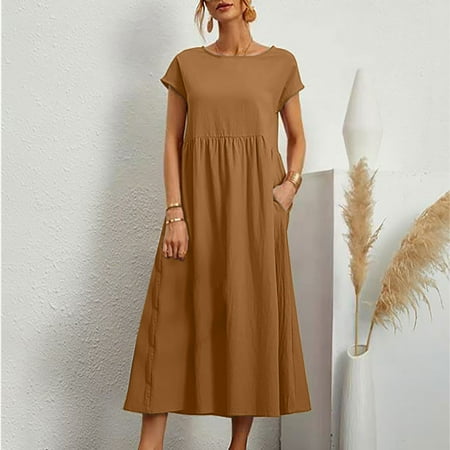 

Jsaierl Women s Cotton Linen Dresses Plus Size Summer Short Sleeve Maxi Dress Loose Fit Solid Color Round Neck Dress Comfortable Soft Dresses 2023