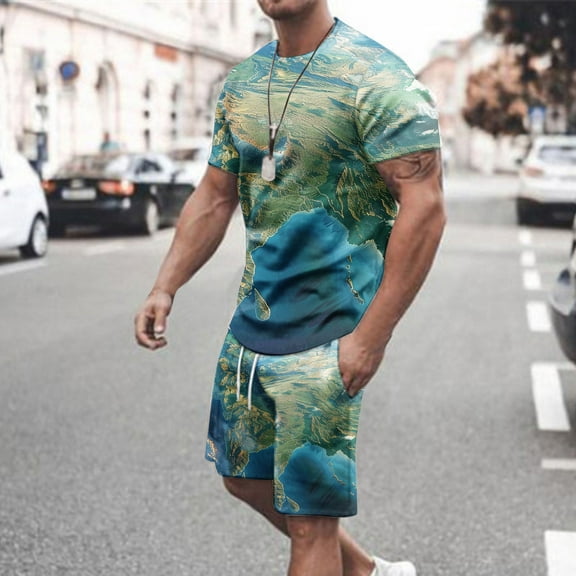 UVEASISHA Mens Casual Athletic Set,Men's Tracksuits 2 Piece Summer Casual World Map Print Short Sets Fashion Crew Neck Sweatsuits 2025 Sportwear Set