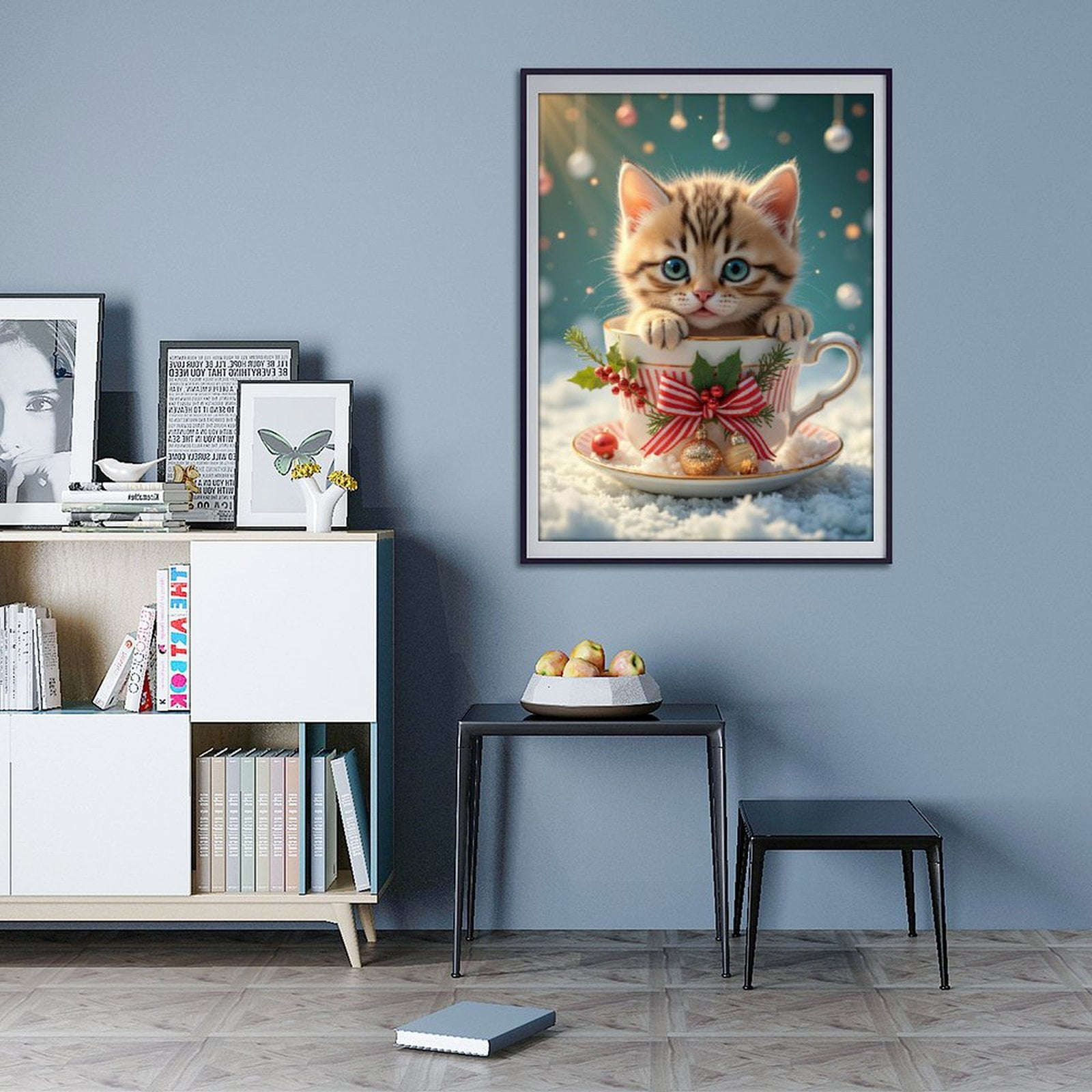 Diamond Art Kit for Adults, Cute Kitten Christmas Teacup Ornament Diamond Painting for Adults Beginners, DIY Diamond Art Painting Kits, 5D Diamond Painting Crafts for Home Decor 12x16 Frameless