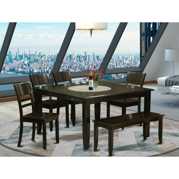 East West Furniture PFLY6-CAP-W 6 Piece Kitchen Table With Benchtable With Leaf and 4 Kitchen Chair Plus Bench