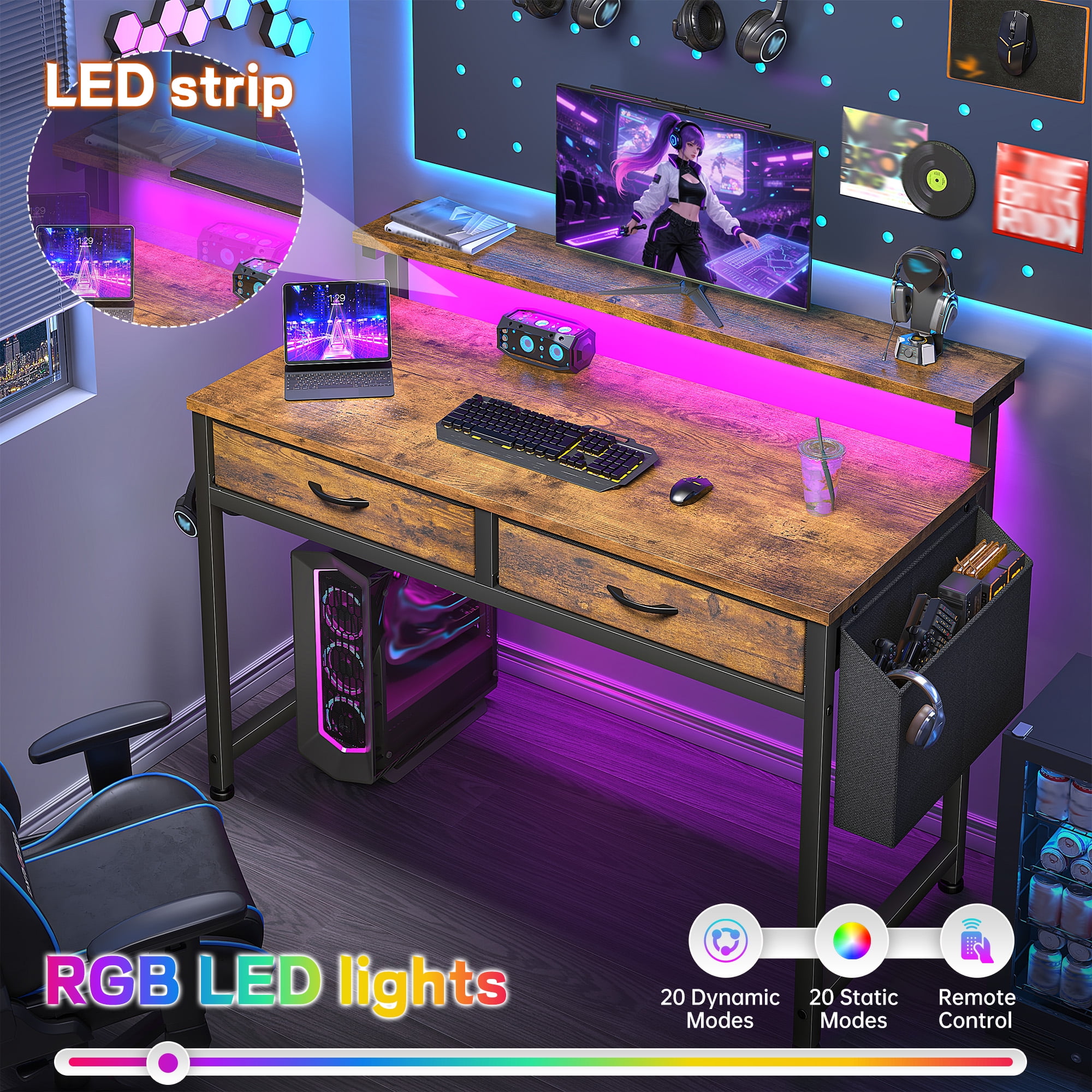 Romorgniz 37.8" H Computer Desk with LED Lights Small Desk with 2 Fabric Drawers & Side Pocket, Ergonomic Study Desk with Monitor Stand for Home Office, Gaming, Small Spaces, Rustic Brown