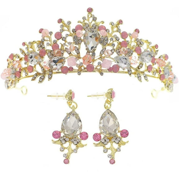 Queen Tiaras Flower Wedding Crowns with Earrings Baroque Princess Pink Rhinestone Headpiece for Women Bridal Hair Accessories For Party