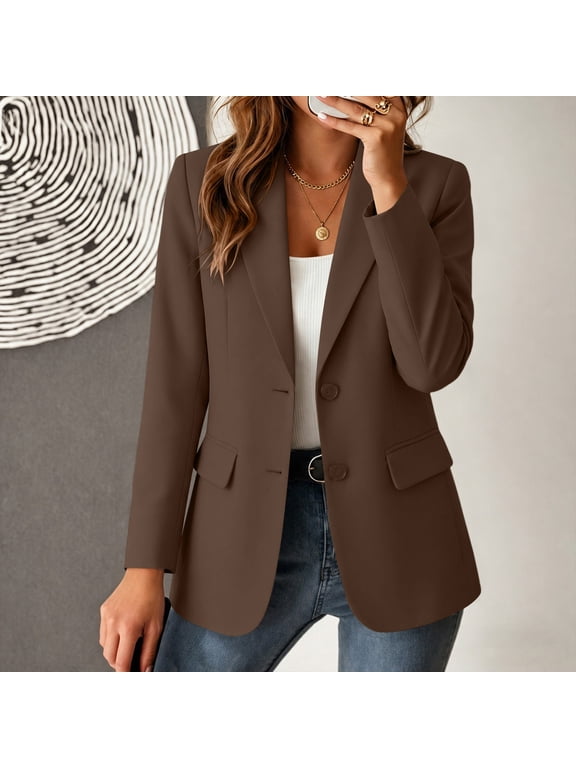 Business Casual Blazer For Women, Solid Color Long Sleeve Lapel Suit Jacket, Professional Work Office Coat With Pockets, Elegant Womens Tops Brown XL