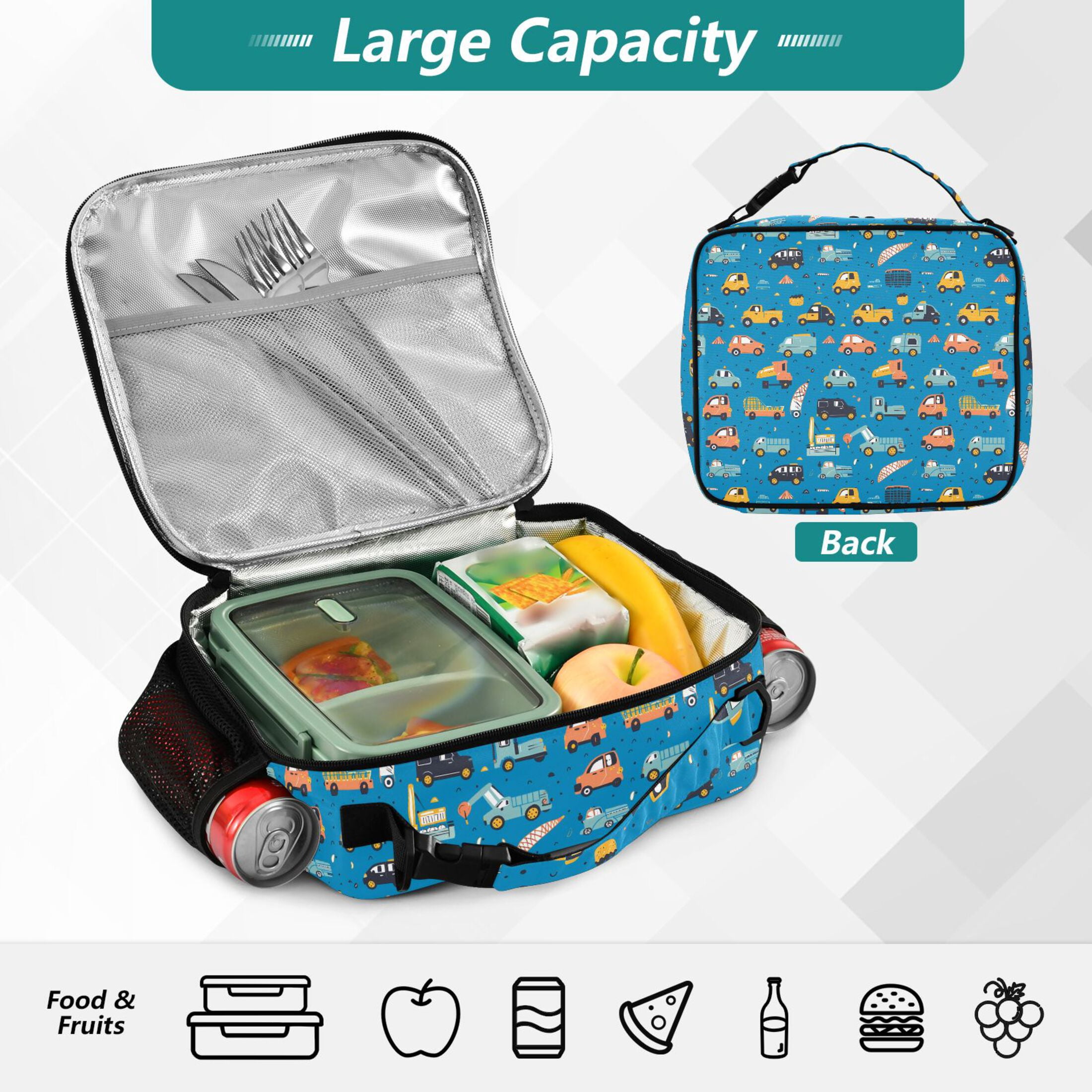 ALAZA Cartoon Trucks Cars on Blue Lunch Box Insulated Lunch Bag Cooler Tote with Shoulder Strap