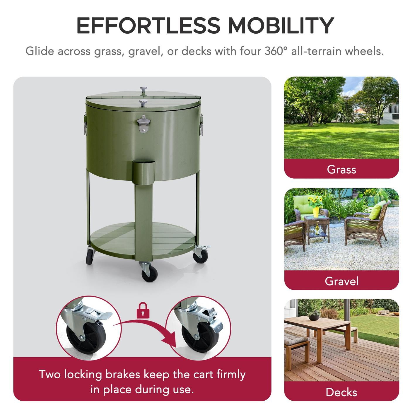 Sunjoy 60 Quart Rooling Ice Chest Cooler Cart, Portable Patio Party Bar Drink Cooler Cart, Beverage Bar with Bottle Opener and Shelf, Green