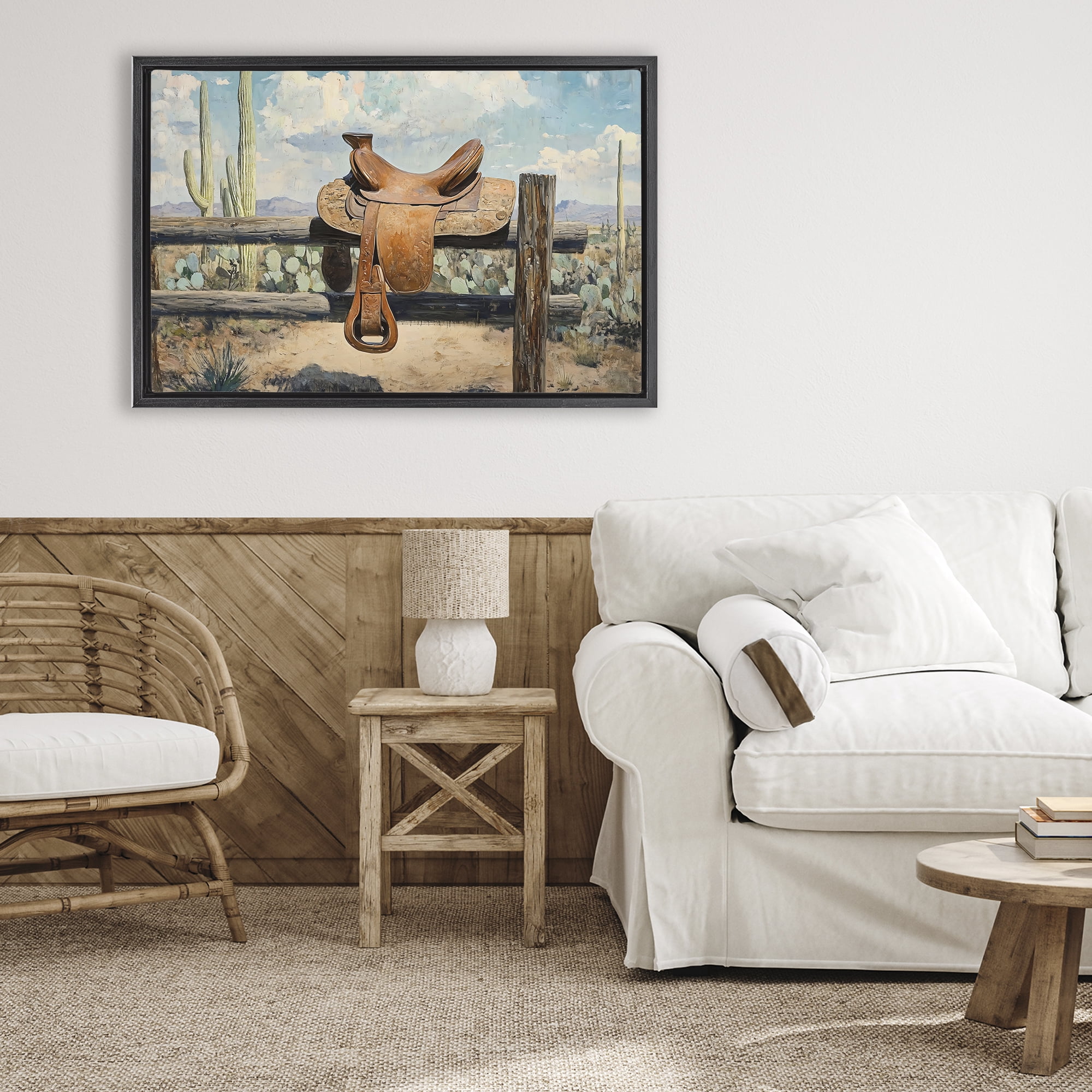 Stupell Industries Saddle on Desert Fence Black Framed Floater Canvas Wall Art, design by Franklyn Gregory