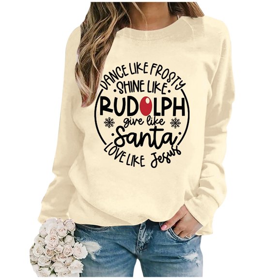 Ladies Christmas Fashion Casual Solid Color Loose Long Sleeve Printed Round Neck Hoodie Lightweight Breathable Skin-friendly for Spring Autumn Winter