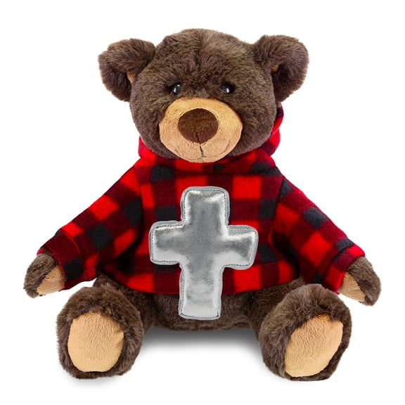 DolliBu Brown Bear with Red Plaid Hoodie Stuffed Animal with Silver Cross Plush - Religious Baptism Gifts for Boys and Girls, Dedication Christening Gifts Plush Prayer Toy Stuffed Animal - 9 Inch