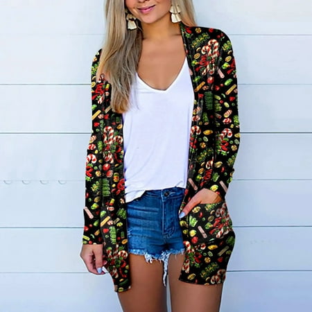 Black and Friday Deals 2023 Christmas Cardigan for Women Open Front Long Sleeve Shirts Graphic Holiday Tops Lightweight Jacket Comfy Outerwear Jackets