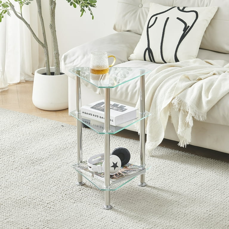 Set of 2 Triangle Glass End Table Side Table 3 Tier Nightstand