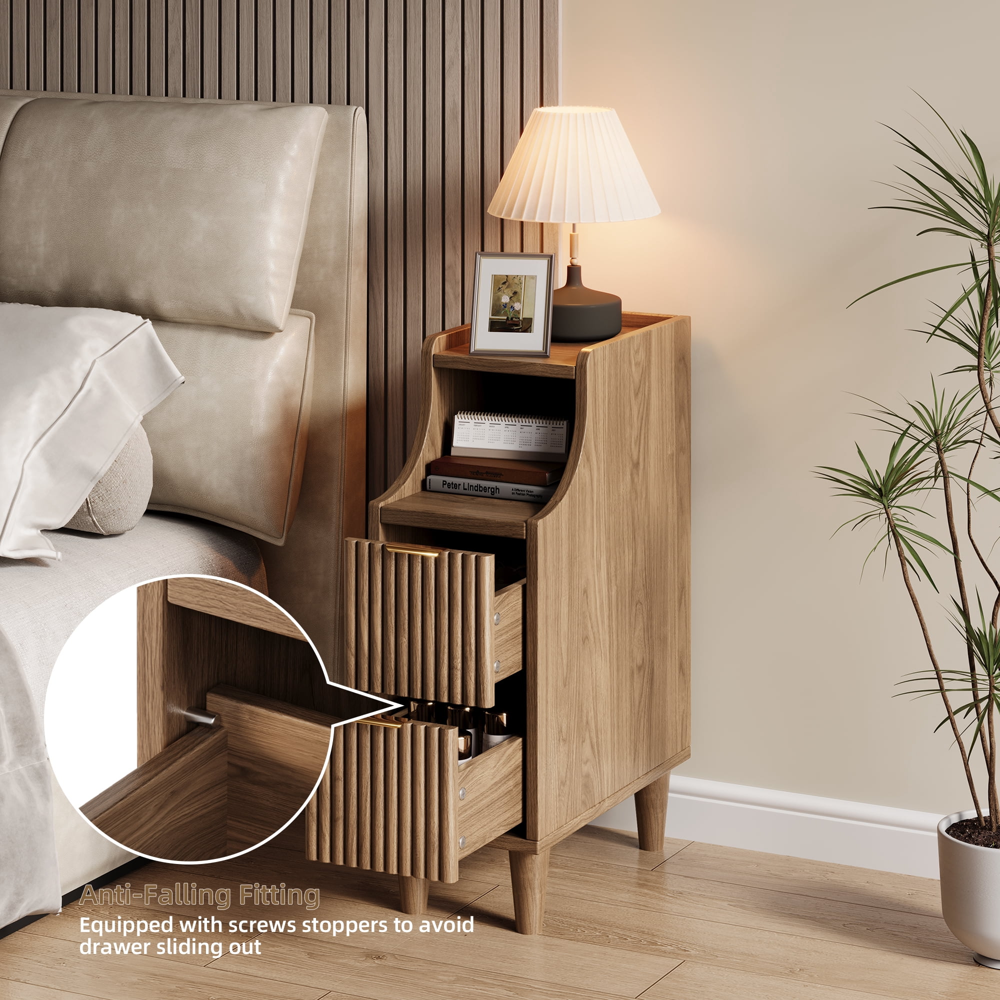 UGTOO Set of 2 Nightstands with 2 Drawers and Open Shelf, Mid-Century Modern Slim End Side Table for Bedroom and Living Room, Walnut Finish with Gold Accents