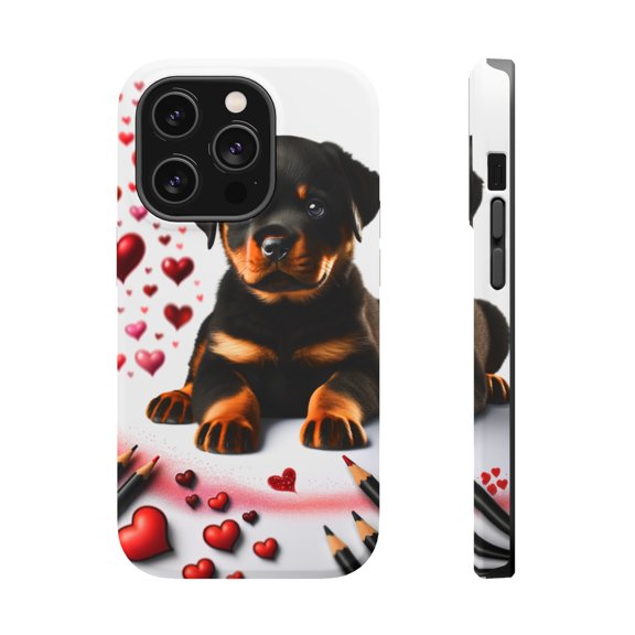 DistinctInk Tough Case for Apple iPhone 15 PRO (6.1" Screen), Compatible with MagSafe Charging - Valentine's Day Rottweiler Puppy