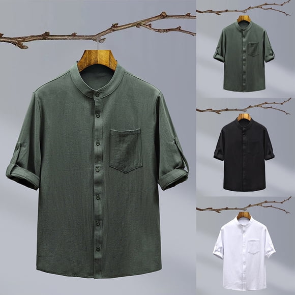 HVOBTTY Men's Plus Size Summer T Shirt Fashion Casual Solid Color Stand Collar Short Sleeve Linen Like Loose Breathable Daily Wear Top White, XXL
