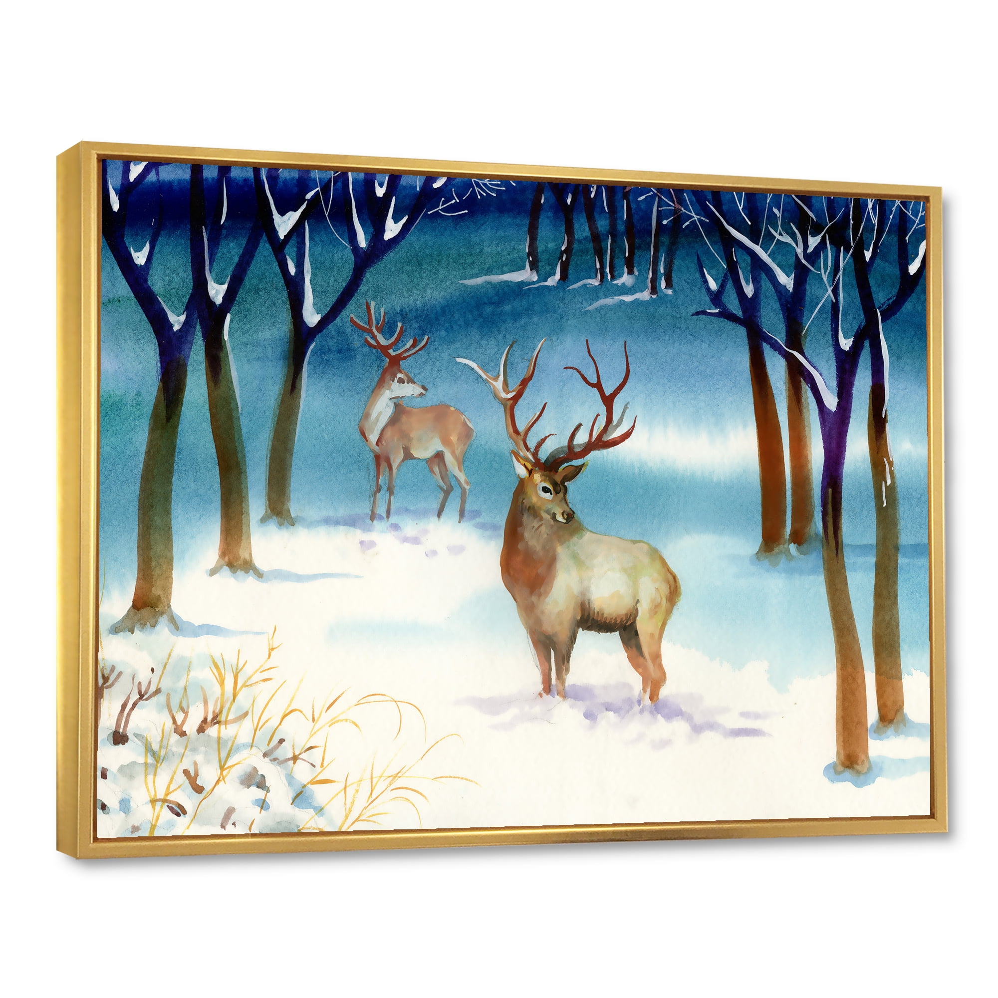 Designart 'Deers With Winter Landscape' Traditional Framed Canvas Wall Art Print