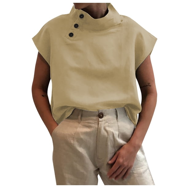 Camisa de algodón holgada informal de manga corta con botones abiertos informales de manga corta para mujer OAVQHLG3B Store lin121212