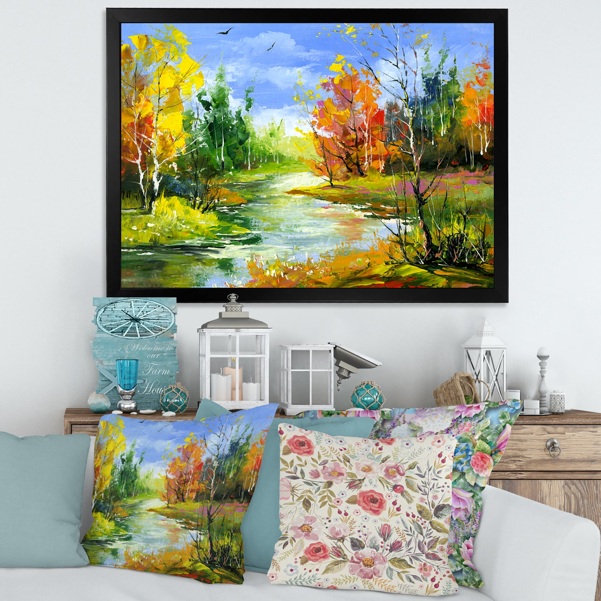 Designart 'Autumn Landscape With Forest and River' Lake House Framed Art Print