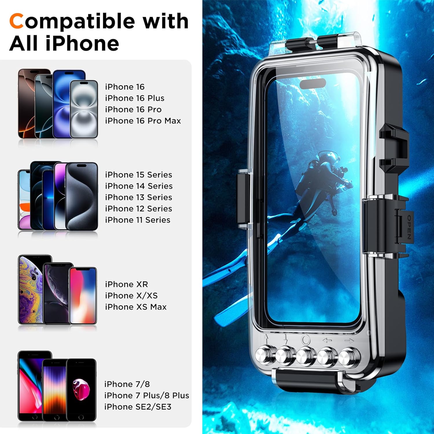 Bluetooth 30 Meter Deep Waterproof Case Compatible with All iPhone Series,Snorkeling Underwater Case 30M Operated Underwater Photo Video, for All iPhone  and Samsung Galaxy