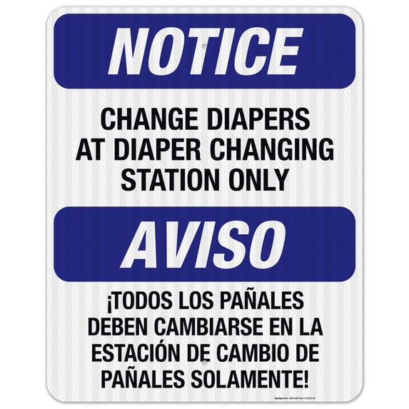 Change Diapers At Diaper Station Only Sign, Bilingual English Spanish, 24x30 Reflective Aluminum EGP