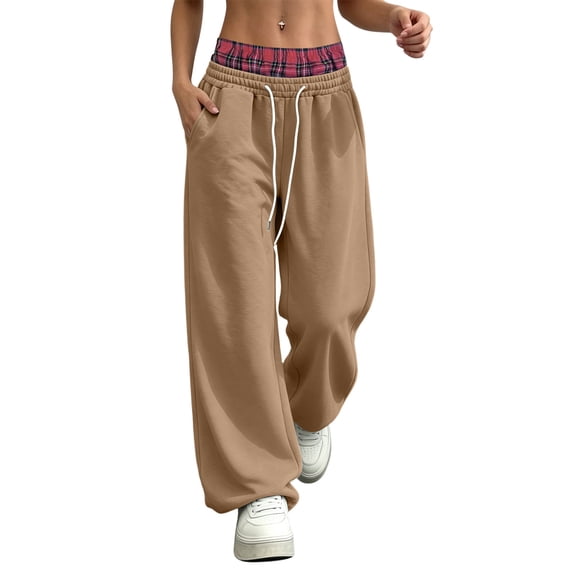 Wide Leg Sweatpants for Women Color Block High Waist Casual Loose Fleece Sweatpants Drawstring Elastic Waistband with Pockets and Double Waistband