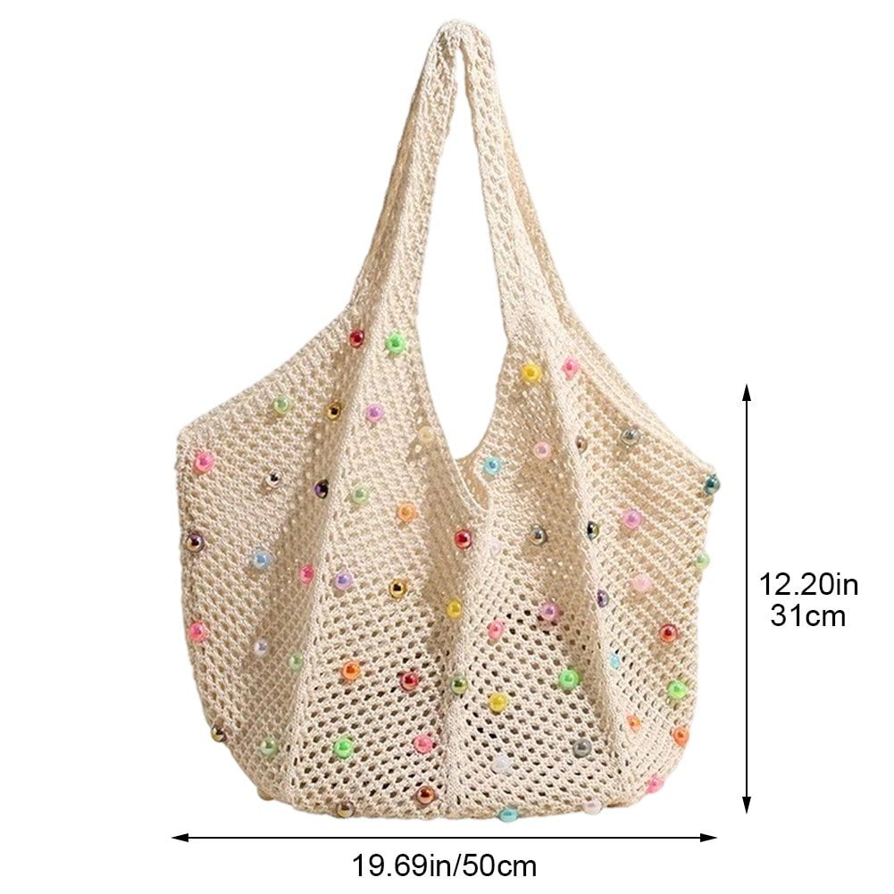 Jiibva Crochet Beach Bags Woven Travel Tote Boho Shoulder Bag Hollow Knitting Handbag Mesh Shoulder Bag Women Knitted Handbags for Holiday, Daily Work