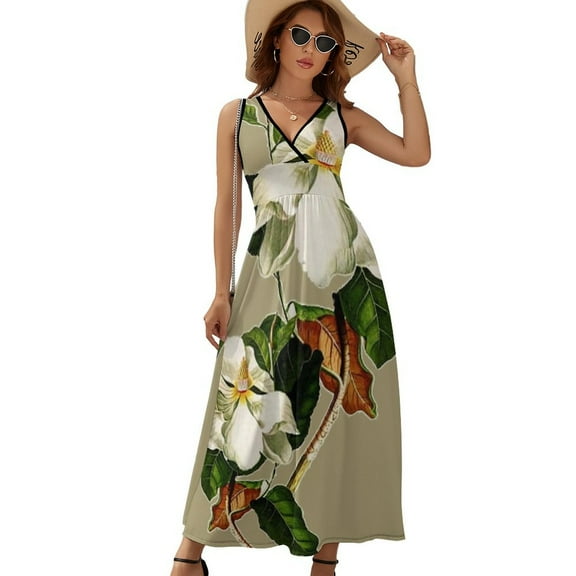 Vintage White Magnolia Pattern on Khaki Background Womens Night Club Maxi Dress V Neck Sleeveless Bohemia Long Dresses