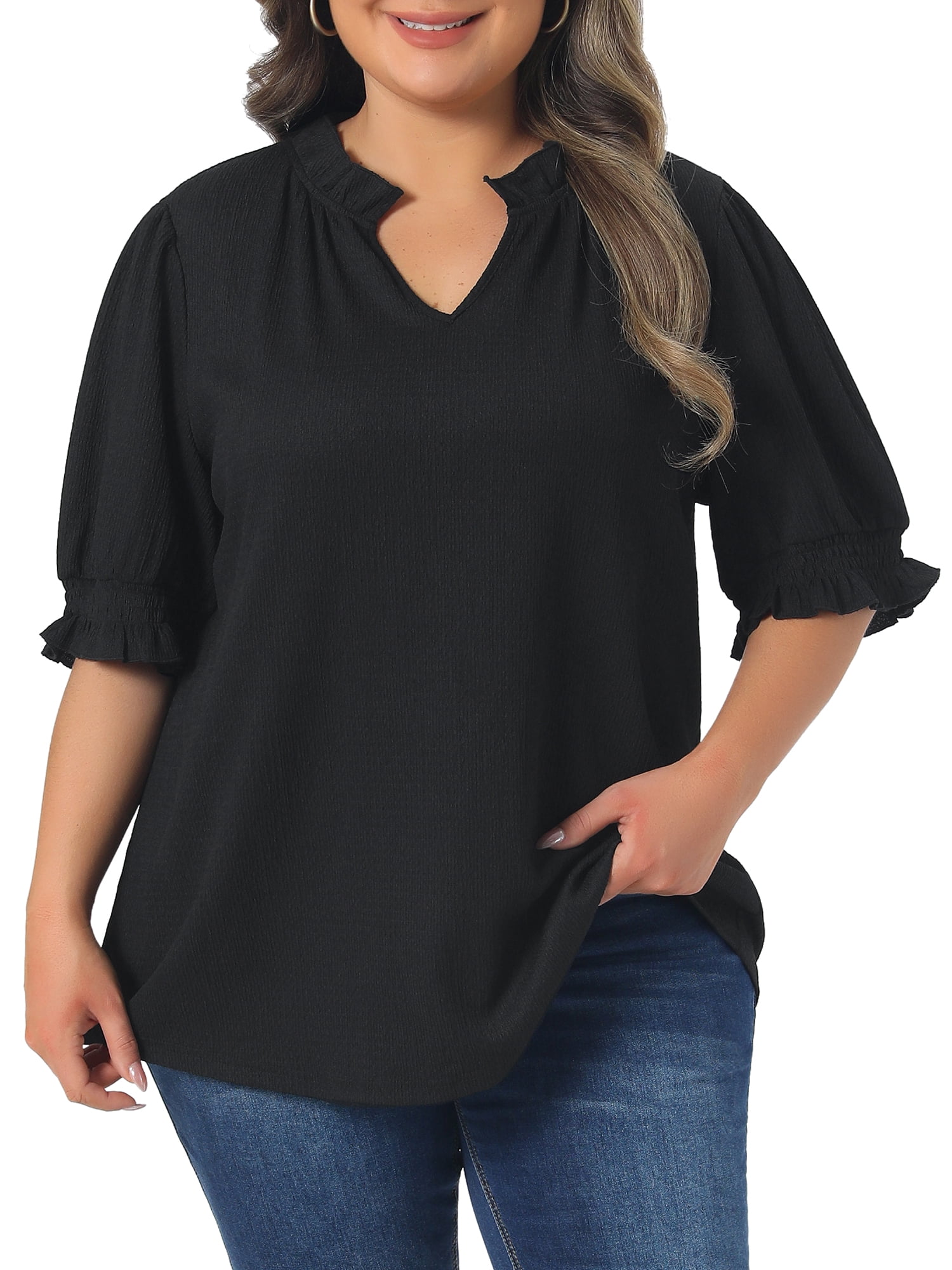 DARING DIVA Women's Plus Ruffled Trim V Neck Puff Sleeve Top 1X Black