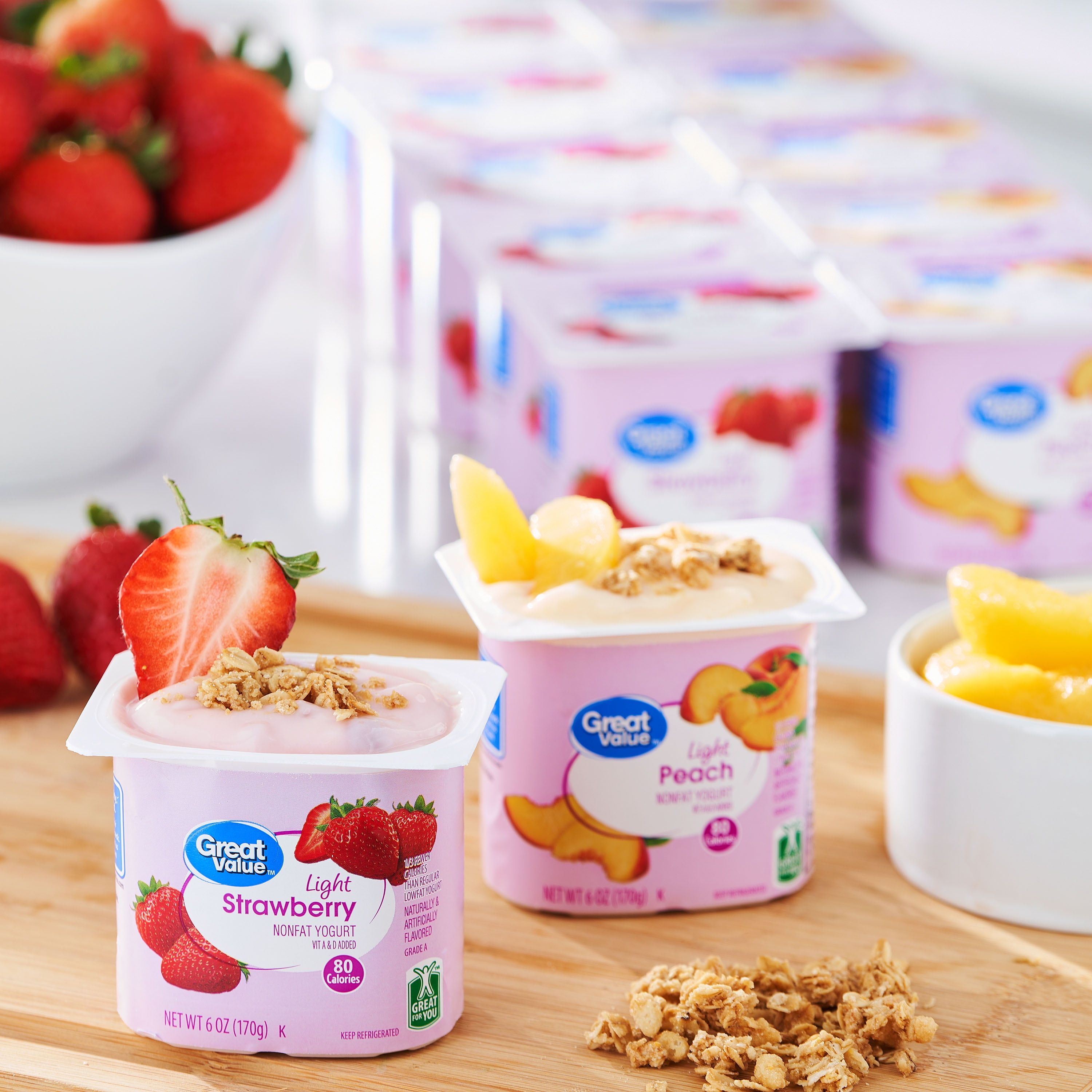 Great Value Light Strawberry and Peach Nonfat Yogurt, 6 oz Cups, 12 Count